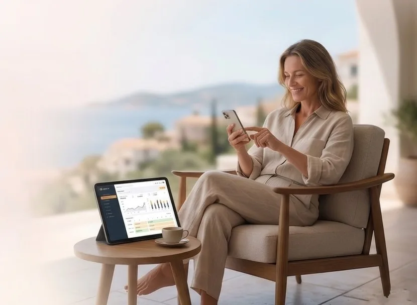 Host checking reservations on a phone at a seaside property
